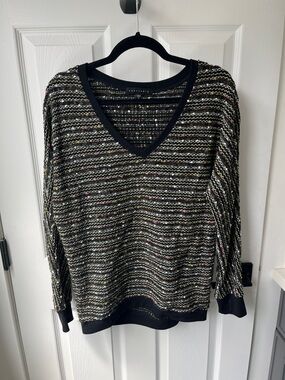Sanctuary Black Open-Knit V-Neck Sweater with Multicolor Flecks